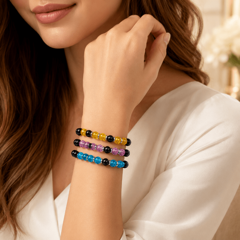 3pc Colored Exploding Bead Elastic Bracelet Set, Unisex Casual
